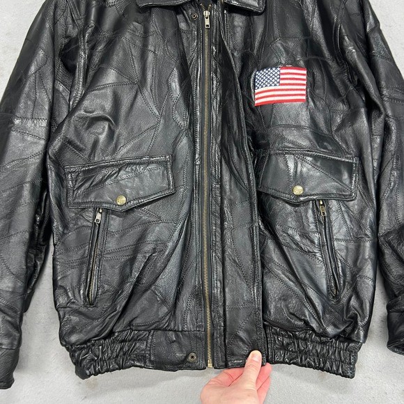 Vintage Mens Black Patchwork Leather Bomber Jacket God Bless America Eagle Large - Picture 4 of 12